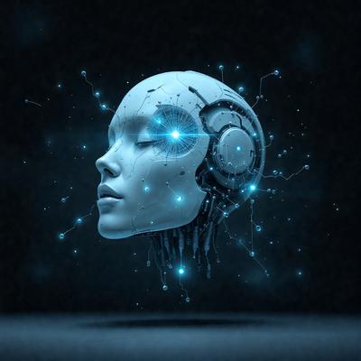 The primary subject of the image is a futuristic robot head with a blue glow. The robot head is the main focus of the image, and it is set against a dark background. The visual style of the image is digital art, as it appears to be a computer-generated or digitally rendered image. The colors and mood of the image are predominantly blue, giving it a futuristic and technological feel.